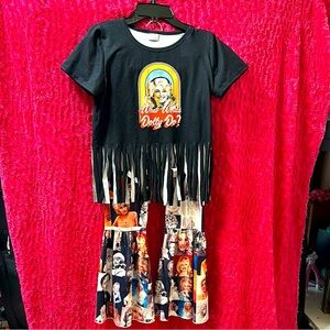 Dolly Parton Black Fringe Top and Graphic Bell Bottom Set